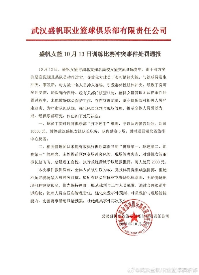 武汉女篮官方：丁奕可违背俱乐部打不还手准则 处罚1万元&禁赛5场