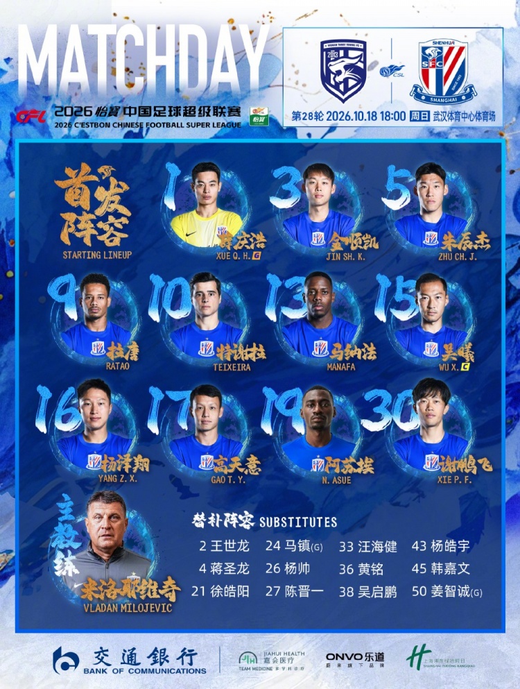 2026怡宝中超联赛第28轮 武汉三镇VS上海申花 首发名单 ​​​
